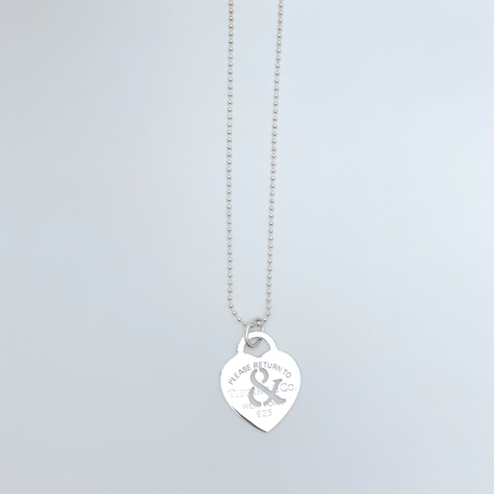 Tiffany & Co Tags Large Sterling Silver & Heart Tag Charm on 18” Beaded Chain